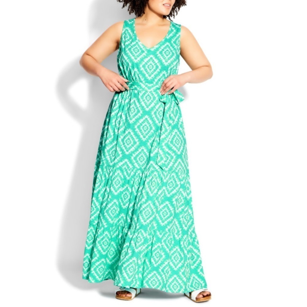 AVENUE Size 16W Green Tribal Aztec Print Annie Sleeveless V-Neck Maxi Dress